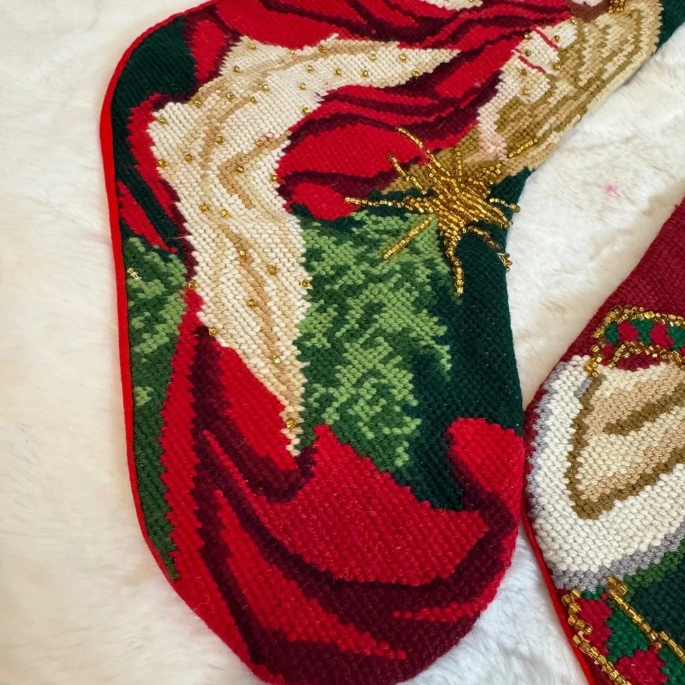 Vintage Needlepoint Christmas Stockings Set of 2 Angel Santa Beaded Red Green